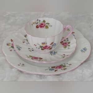 Shelley England Rose and Red Daisy Fine Bone China Cup, Saucer, Cake Plate